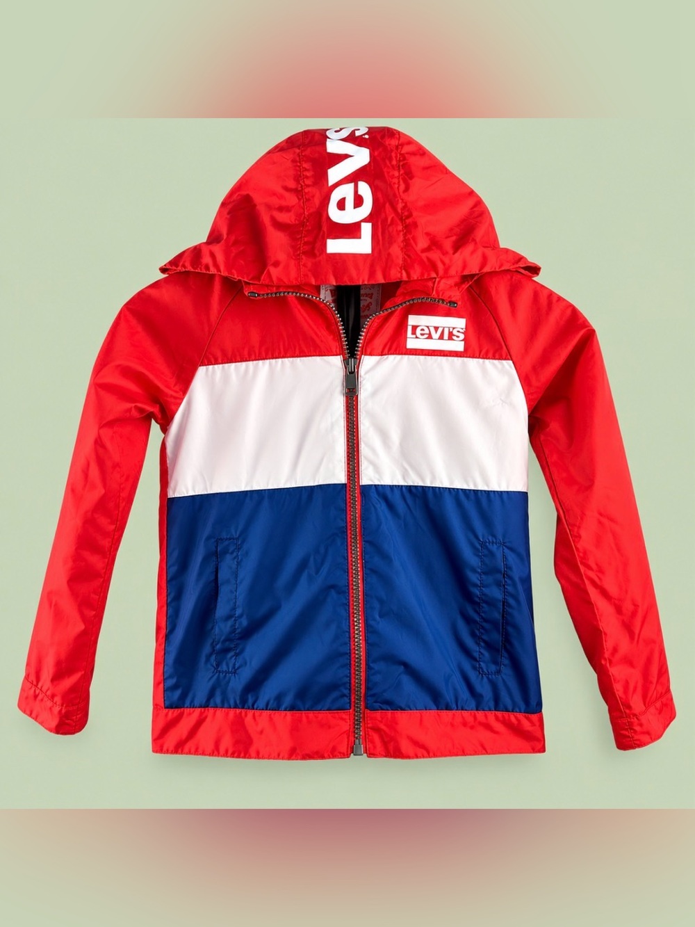 Levi’s Boys Size 6 Red White Blue Colorblock Hooded Windbreaker Jacket